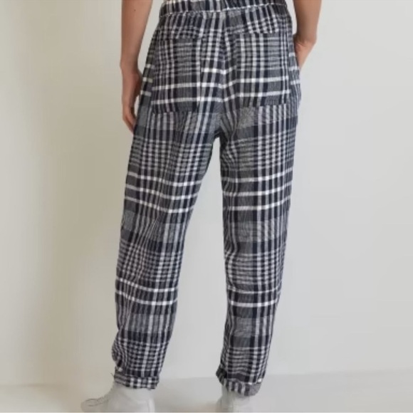 NWT Everlane The Linen Pull On Barrel Pants Navy Plaid Tie Front M High Waist - Picture 3 of 12